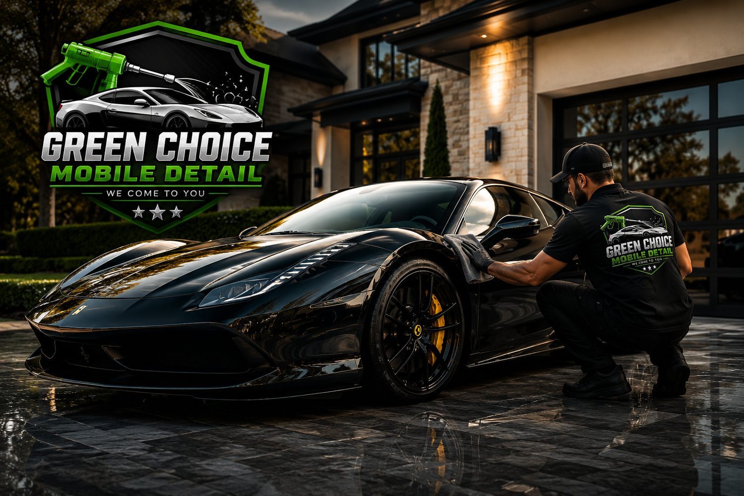 Black Ferrari detailed by Green Choice Mobile Detail in a luxury driveway