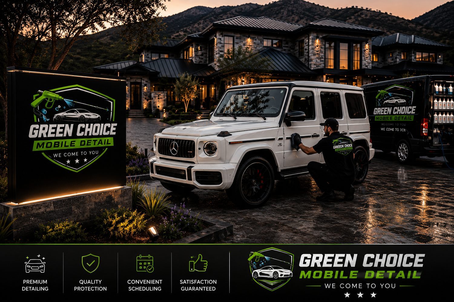 Green Choice Mobile Detail van and illuminated sign beside a white Mercedes G-Wagon at a luxury home
