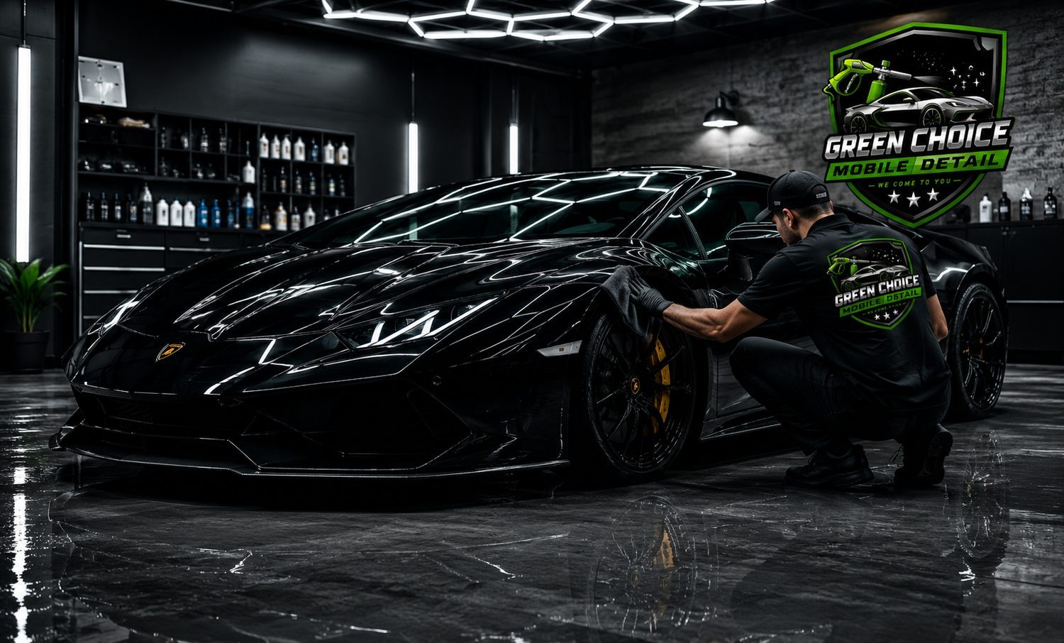 Black Lamborghini ceramic coated in a studio by Green Choice Mobile Detail