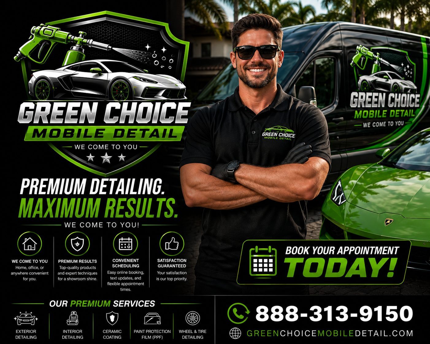 Green Choice Mobile Detail crew with a green Lamborghini and branded van